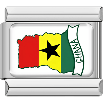 Rectangular Italian charm with a silver border featuring the map of Ghana in red, yellow and green flag stripes with a black star in the center, and a banner labeled “Ghana.”